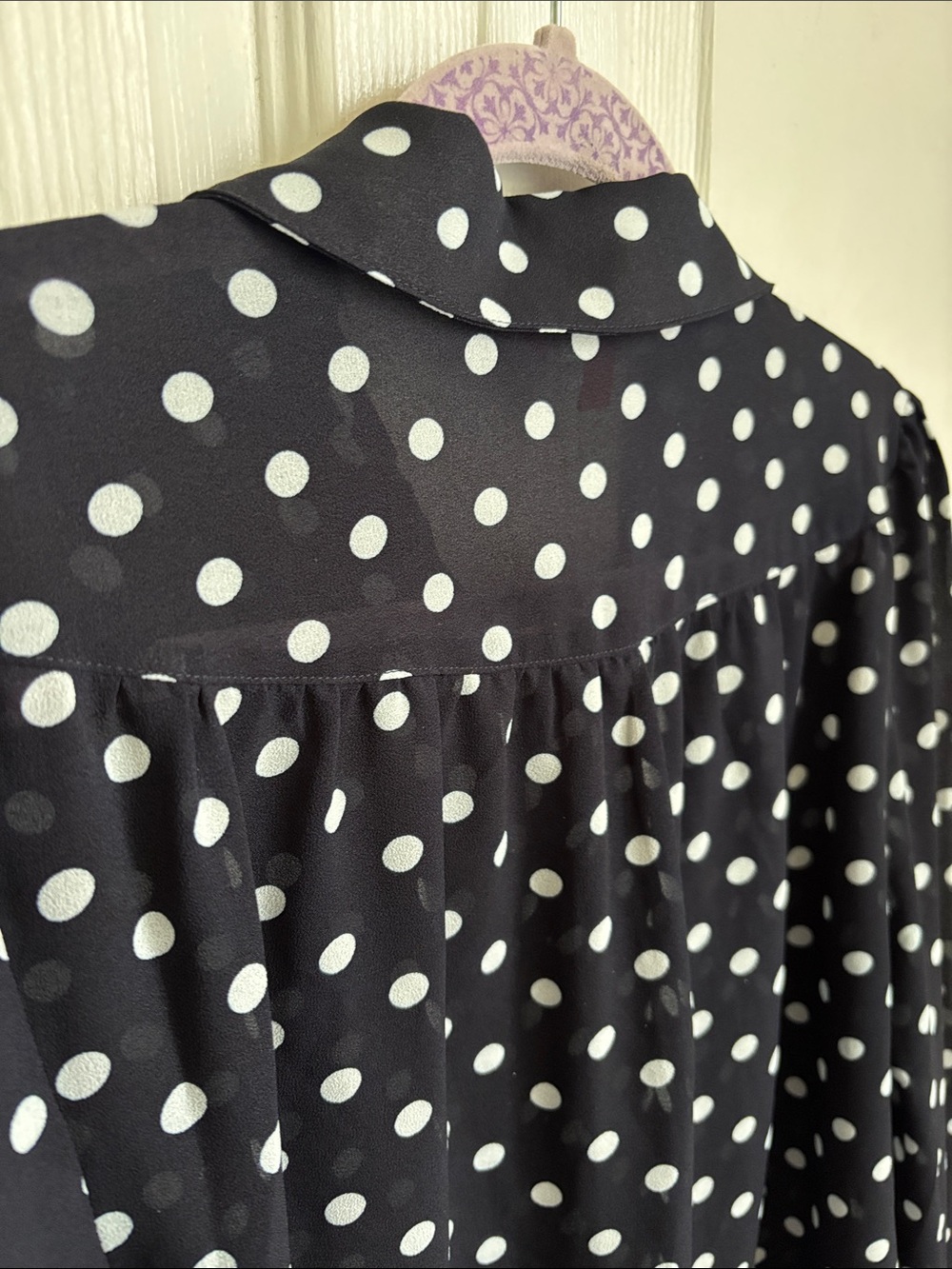 ModCloth Navy Blue & white Polka Dot Sheer Button-Up Collar Blouse Size Medium - Picture 10 of 13